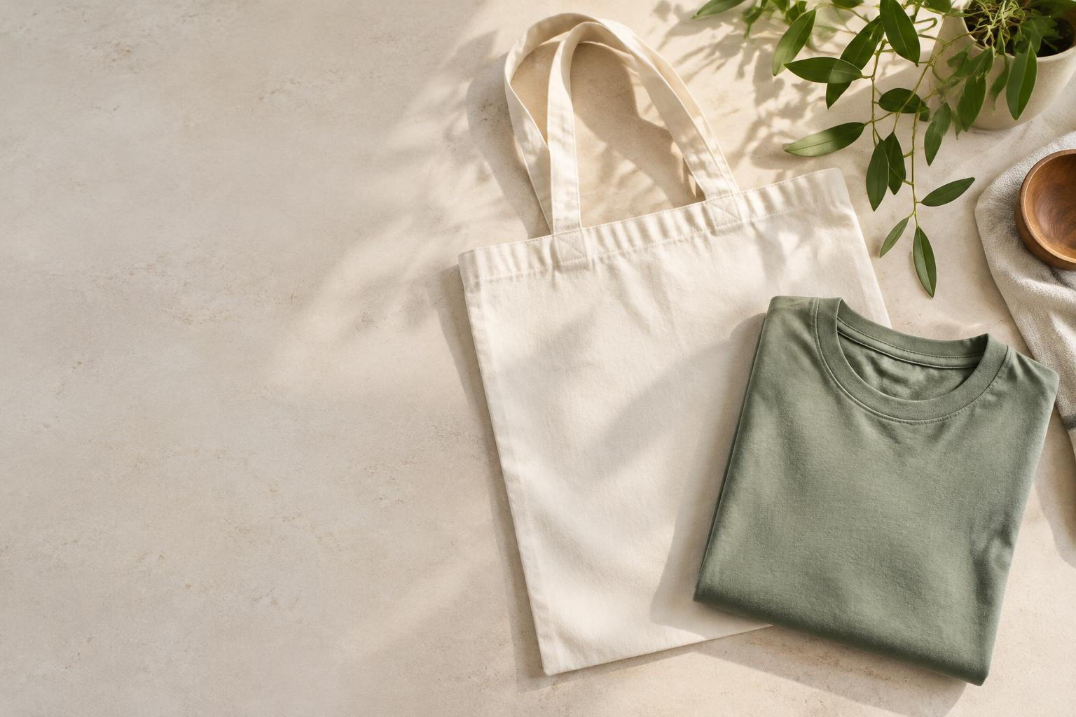 Illustrative showroom scene with a blank cotton tote, folded sage tee and fresh greenery